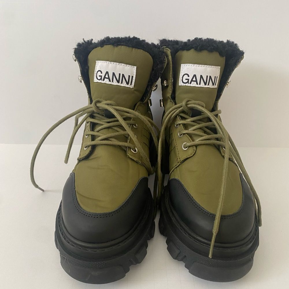 Ganni Faux Shearling Hiking Boot Kalamata Green and Black Size 8